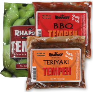 Rhapsody tempeh in three varieties: plain, BBQ, and teriyaki.