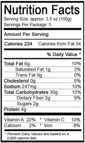 Nutrition facts for Rhapsody vegan eggrols